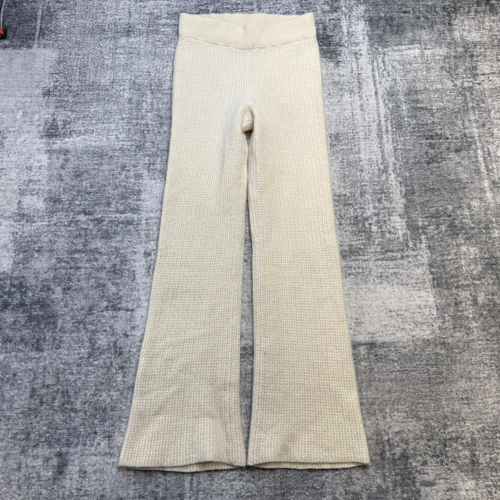 Alo Cashmere Plush Waffle Knit Pants Womens Medium Cream Flare High Waist Lounge